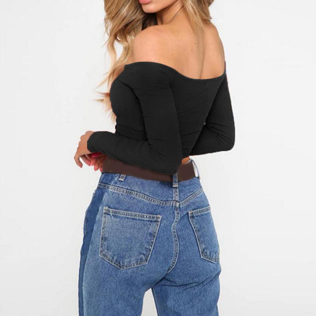 Sexy Long Sleeve Off Shoulder T-shirt Crop for Women Spring Summer Autumn Basic Tees Fashion Female T-shirt Solid Color Tops