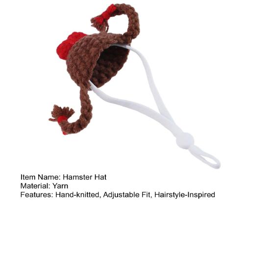 Knitted Hamster Hat Pets Big Hair Double Braid Hat with Adjustable Strap Hairstyle Mini Hat for Guinea Pig Small Animals Photography Party Costume
