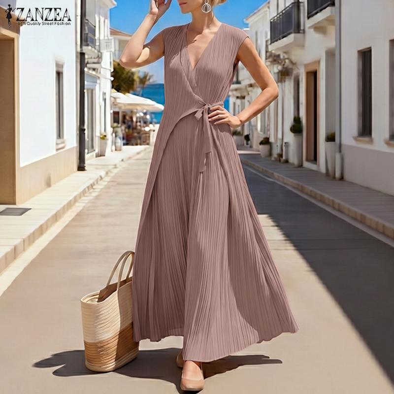 ZANZEA Women Elegant V-Neck Casual Sleeveless Pleated Long Dress