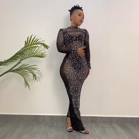 European and American new semi-turtleneck long-sleeved perspective hot diamond sexy slim-fitting hip-wrapped dress women's clothing