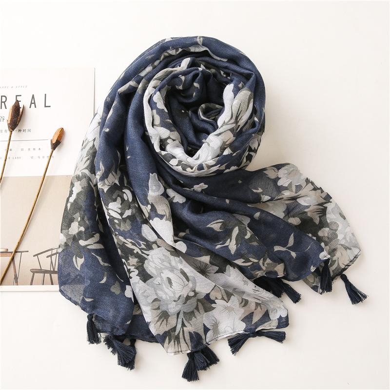 Women Autumn Navy Blue Abstract Floral Viscose Shawl Scarf High Quality Print Wrap Pashmina Snood Bufandas Muslim Hijab 180*90Cm