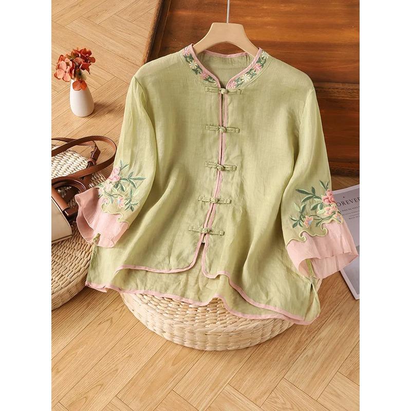 Summer cotton and linen artistic embroidered shirt women s button-down shirt slimming cropped top M зелёный