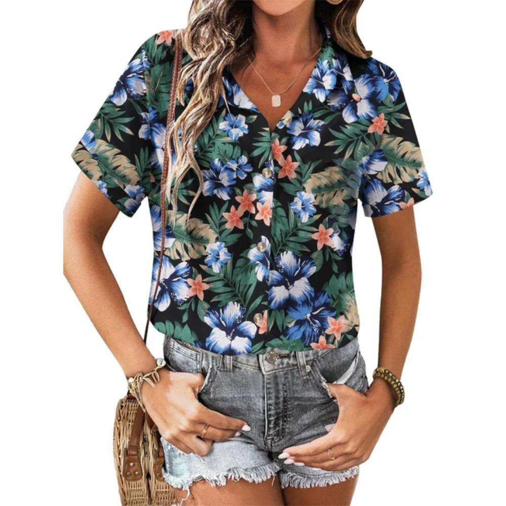 

Casual New Women s Hawaii Shirt Lapel Button Fashion Printed Short Sleeve Flower Shirt Vintage Summer Holiday Beach Button Shirt 5XL