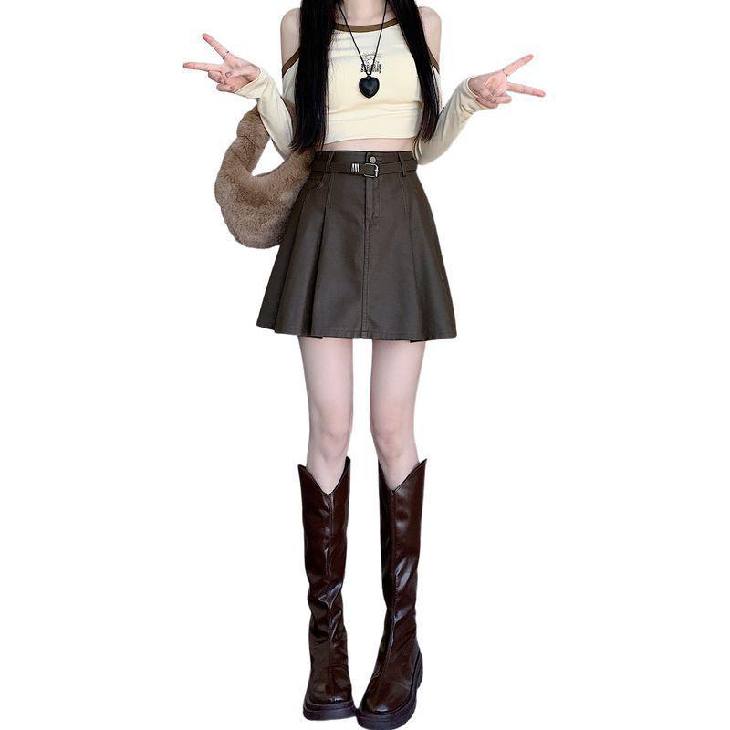 2025 A/W High-Waisted PU Leather Pleated Skirt with Belt – Versatile, Anti-Exposure, Slimming Short Skirt