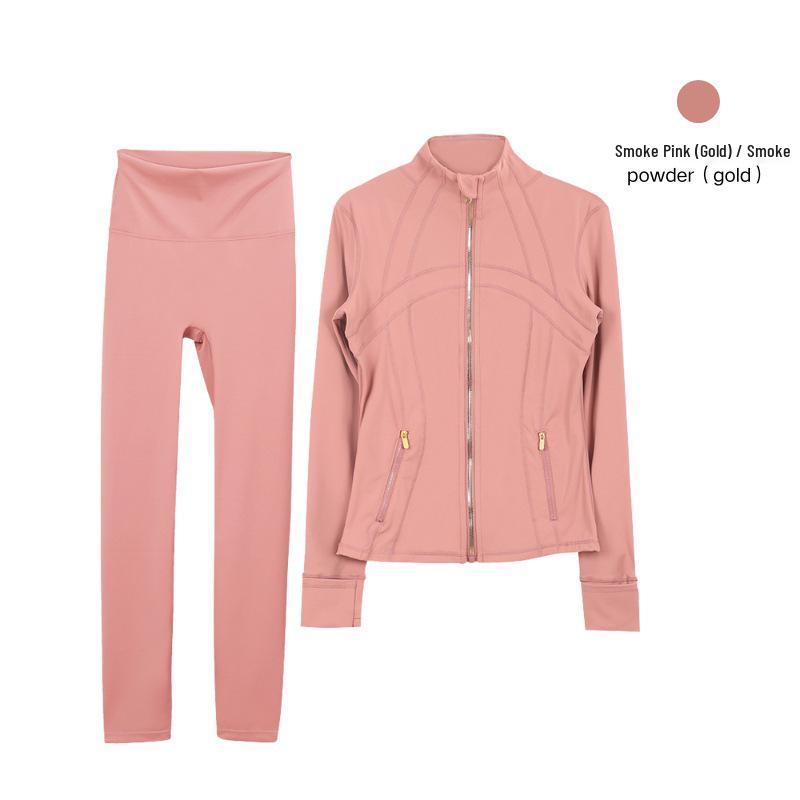 Lulu Original Gold Zipper Stand Collar Jacket & Cropped Yoga Pants Set - Women's Long Sleeve Tight Sports Suit
