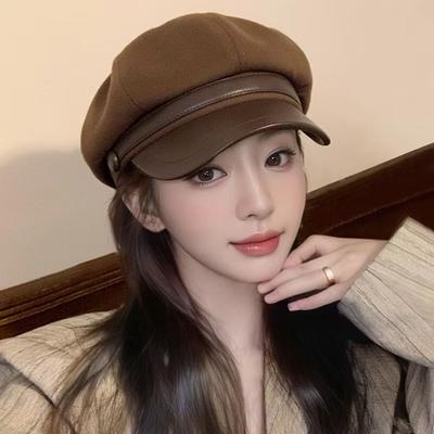 Retro Pu Leather Beret Korean Style Painter Hat Retro Wool Octagonal Hat  Girl