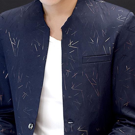 Herrkavaj Vintage Tryck Koreansk Stil Vår Höst Ståkrage Fickor Knappar Kavaj för Affärer