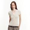 Minimalist Light Gap, Cotton and Linen Blend Sequined Fancy Yarn Front Shoulder Henry Collar Short-sleeved T-shirt Top Women