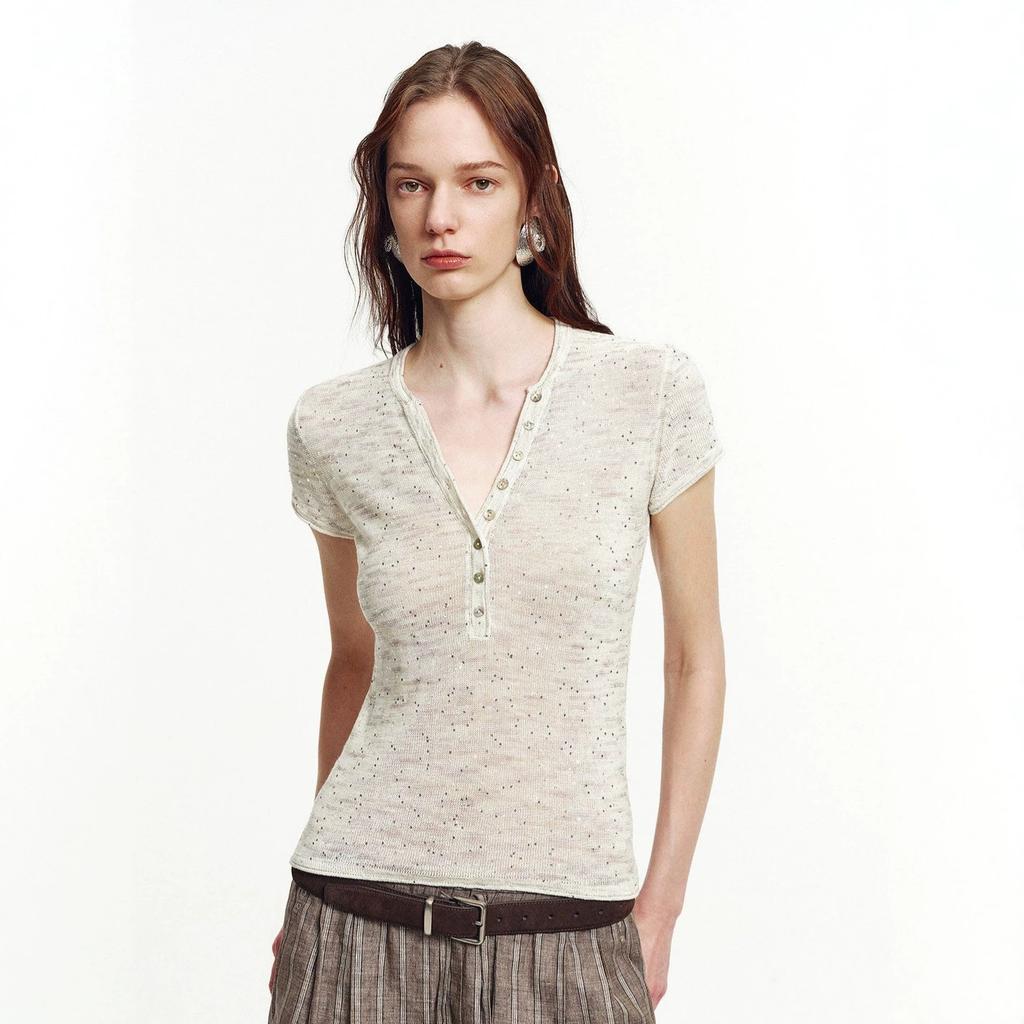 Minimalist Light Gap, Cotton and Linen Blend Sequined Fancy Yarn Front Shoulder Henry Collar Short-sleeved T-shirt Top Women