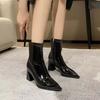 Skinny Patent Leather Boots Children Pointed New Autumn and Winter Elastic Boots Fleece Thick Heel Side Zipper High Heel Short Boots Martin Boots