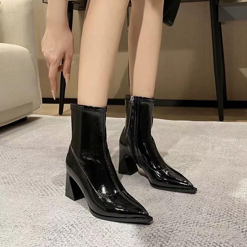 Skinny Patent Leather Boots Children Pointed New Autumn and Winter Elastic Boots Fleece Thick Heel Side Zipper High Heel Short Boots Martin Boots