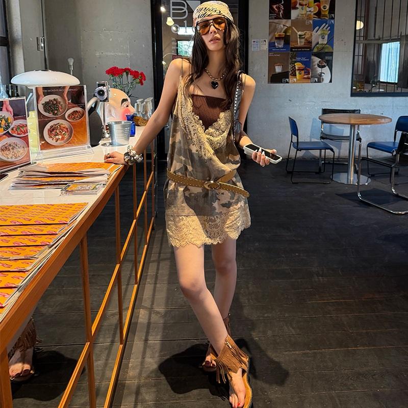 

Street-style Camouflage Lace-up Dress With Studded Edges One Size армия зеленый