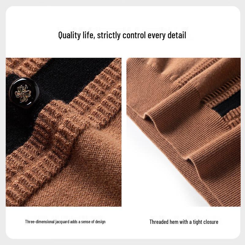 TUHUANG Women's Pure Wool Lapel Knit Sweater with Color Block Buttons