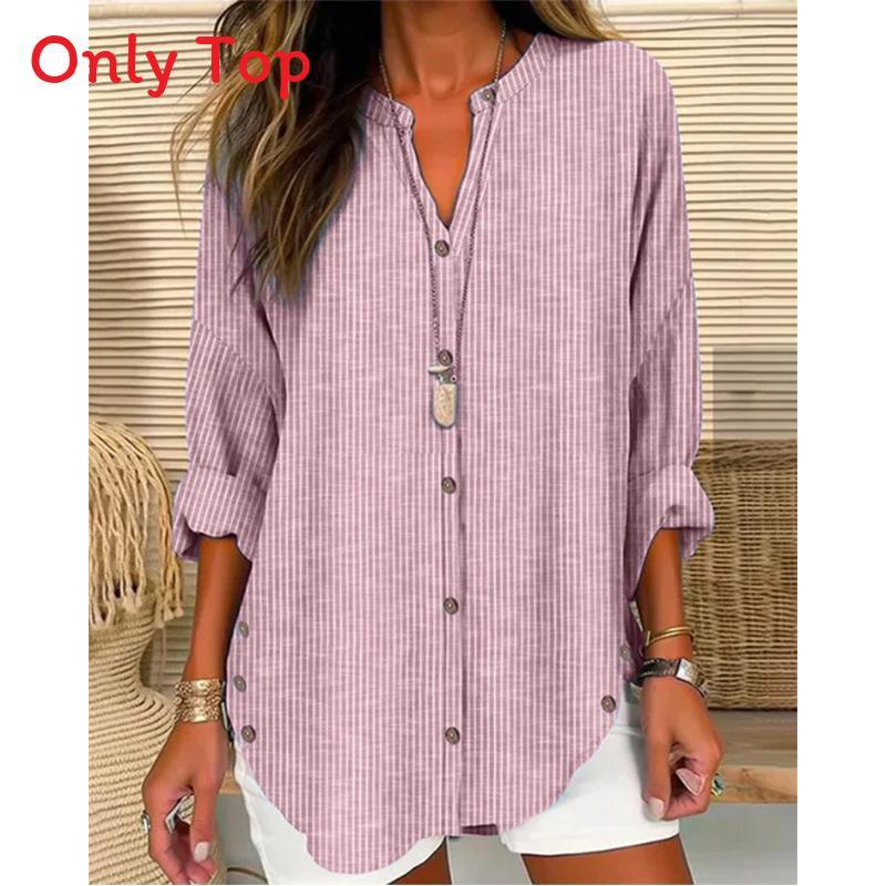 Women Autumn Winter Long Sleeve Stripe Shirt With 3d Effect And Button Details For Casual Office Wear