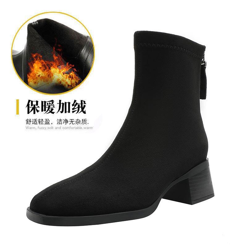 Square head short boots women's spring and autumn single boots 2025 new thick heel medium tube black boots French medium heel thin small short boots