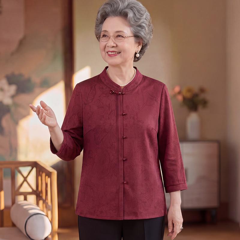 Yuzhaolin New Chinese Style Stand Collar Frog Button Summer Shirt for Elderly Women