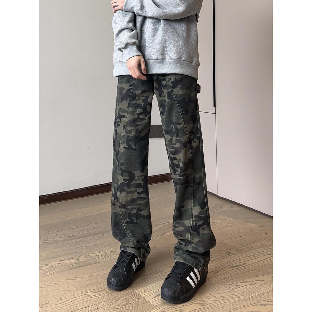 Camouflage tooling jeans boys summer new American high street retro pants loose straight wide leg trousers