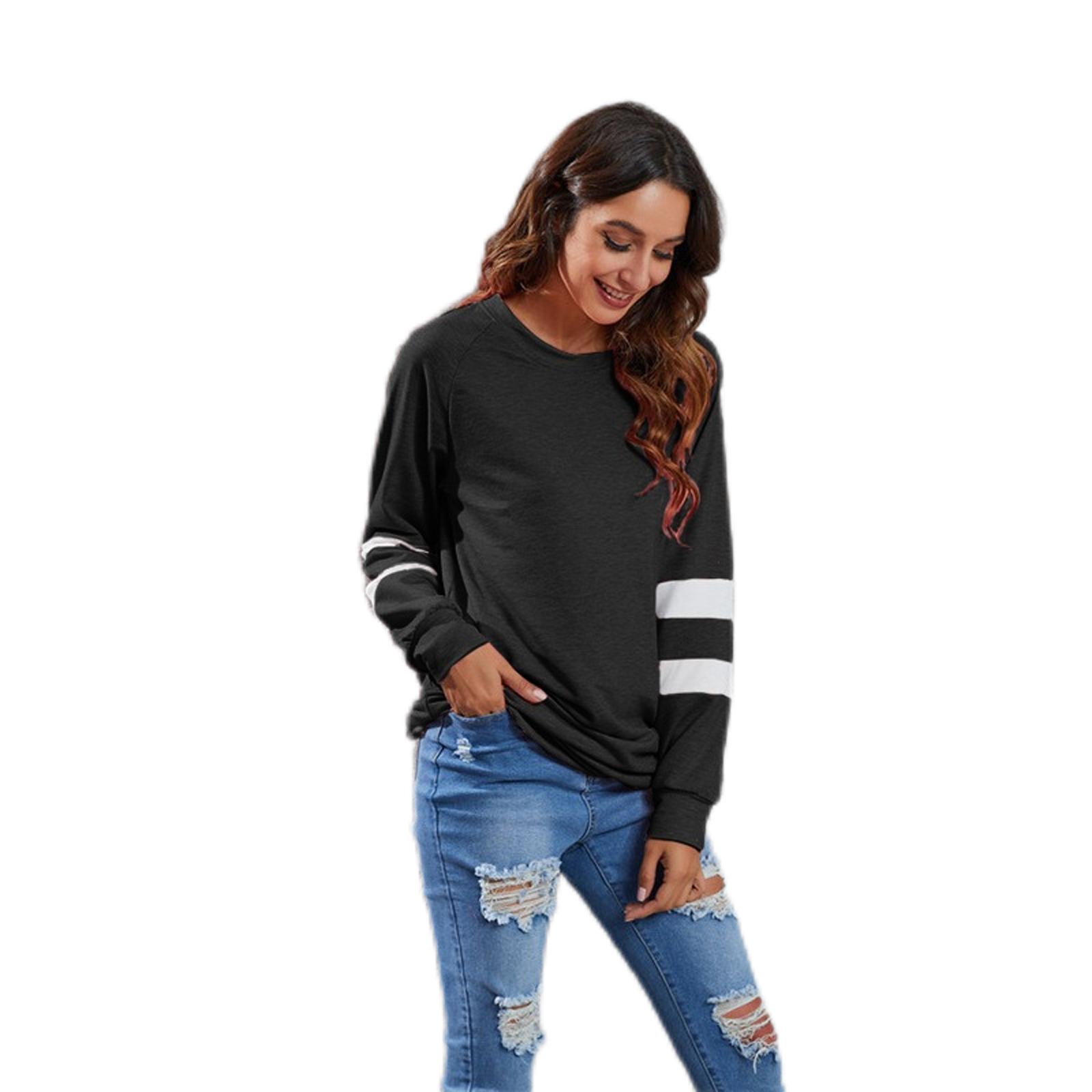 

Женский повседневный свободный топ из цветного хлопка с круглым вырезом контрастного цвета и длинными рукавами L чёрный