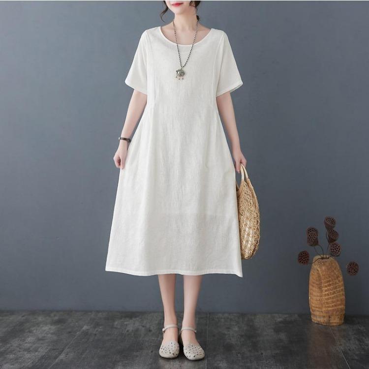 Vintage Floral Jacquard Casual Dress Women Summer Loose Fit Basic Plus Size Short Sleeve Solid Lady Dress