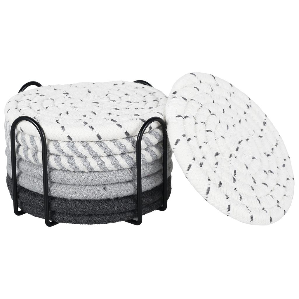 8 Stück Baumwollgewebtes Untersetzer-Set mit Halter für Getränke Bier Kaffee Handgewebte Saugfähige Unterlage Tischplattenschutz für Heimdekor