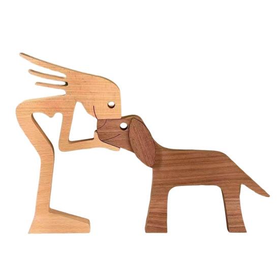 Dog Wooden Sculpture Pet Memorial Gift Dog And Man Woman Statue Home Decor Puppy