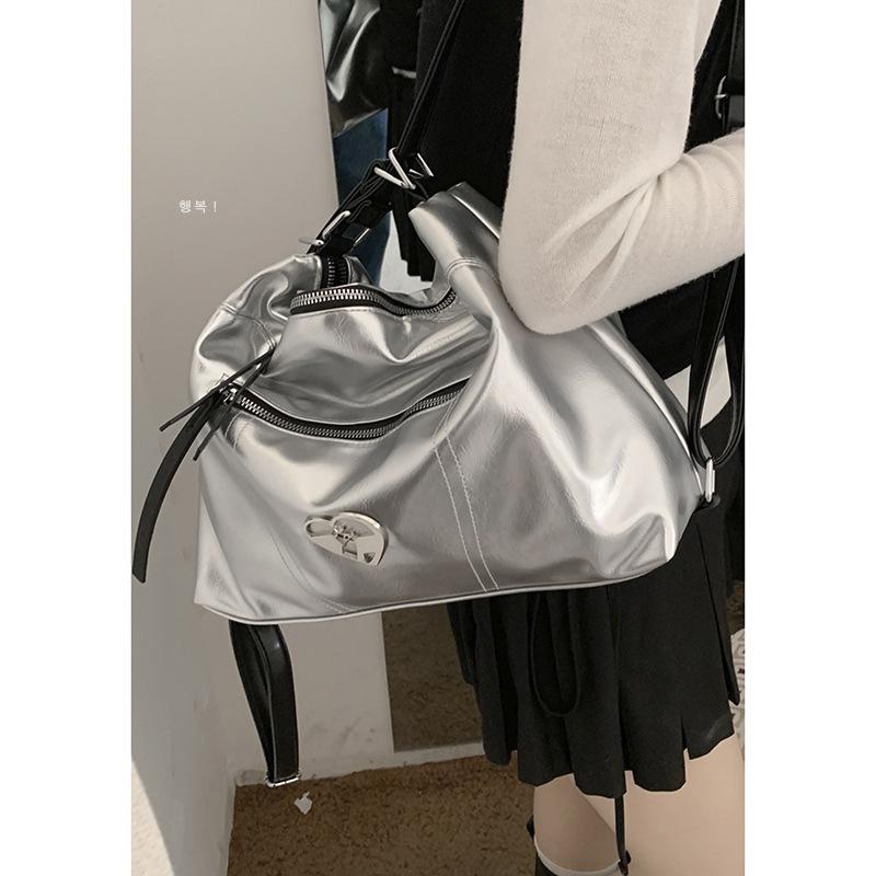 Korean Version of Casual Silver Backpack Bag Women's 2025 New Fashion Korean Version of Tote Bag Large-capacity Shoulder Commuter Bag