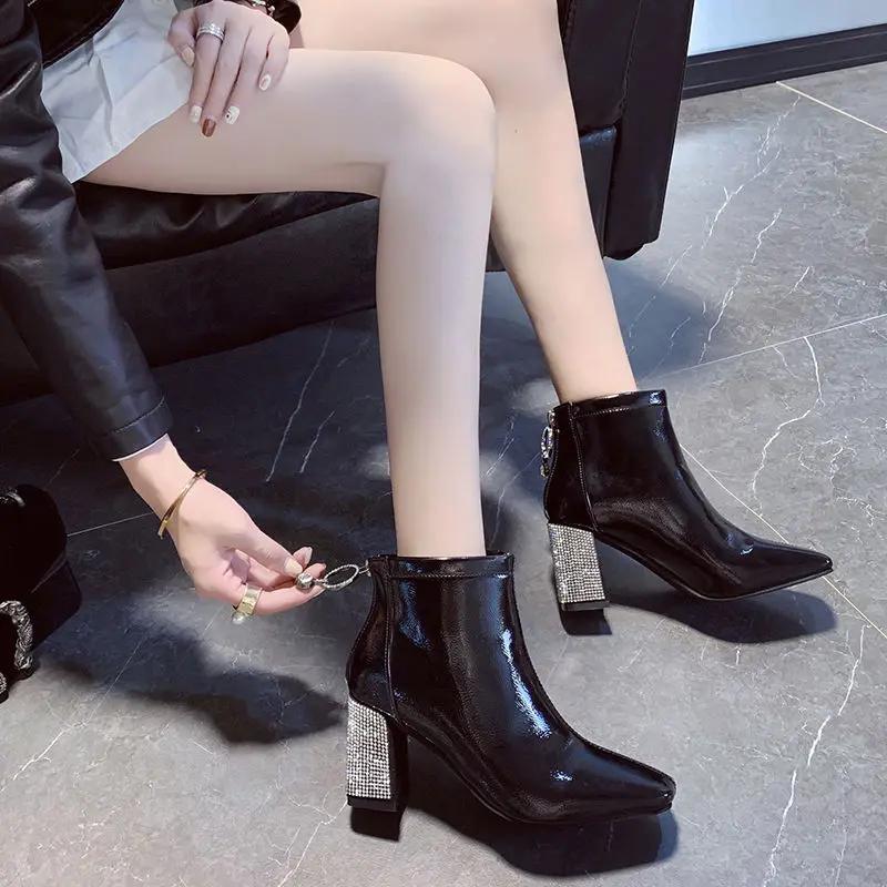 Square Toe Short Boots Woman 2025 Fall/Winter Shoes Women High Heeled Boots Rhinestone Chunky Heel Female Booties Large Size