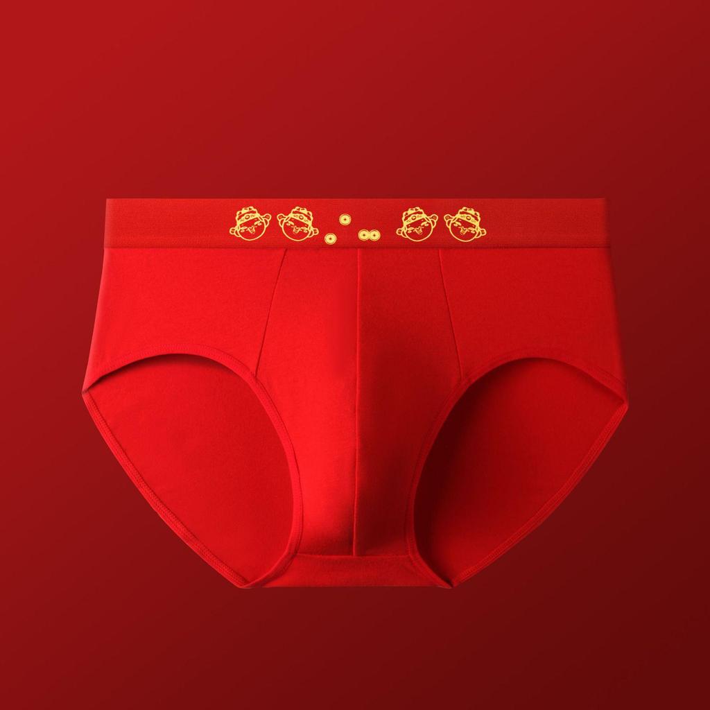 Year of the Rat Men's Cotton Mid-Waist Breathable Red Underwear for Weddings