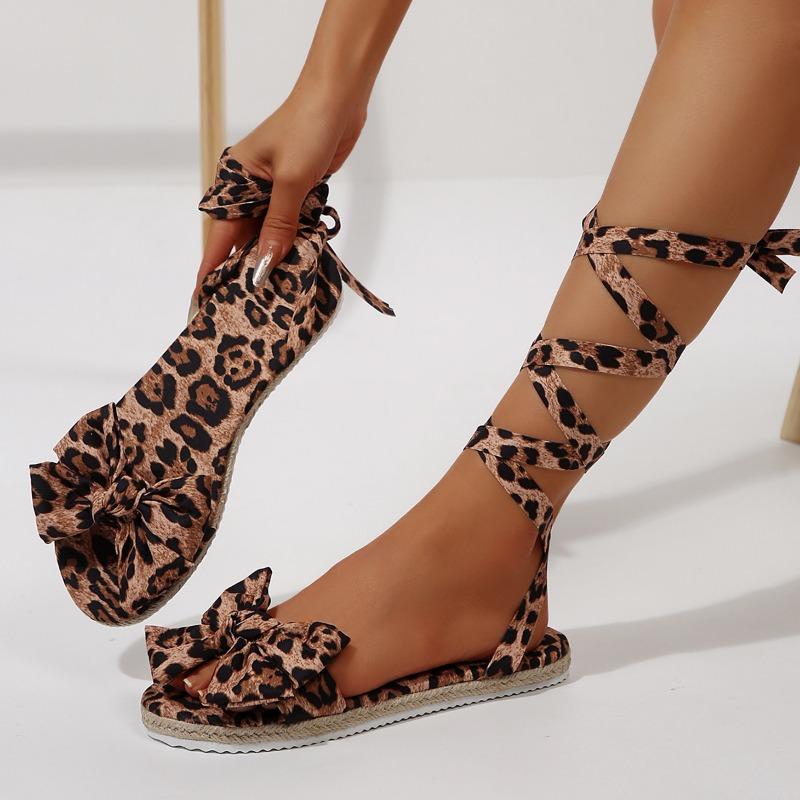 Fashion 2025 Summer New Women's Rome Sandals with Ankle Tie Bow & Leopard Print Flat Shoes Plus Size Ladies Casual Footwear Sandals
