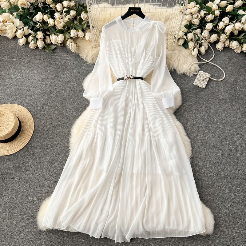 Early Spring Dress Women's 2024 New Arrival Sweet Bows Heavy-Duty Pleated Chiffon Dress Puff Sleeves Vacation Skirt