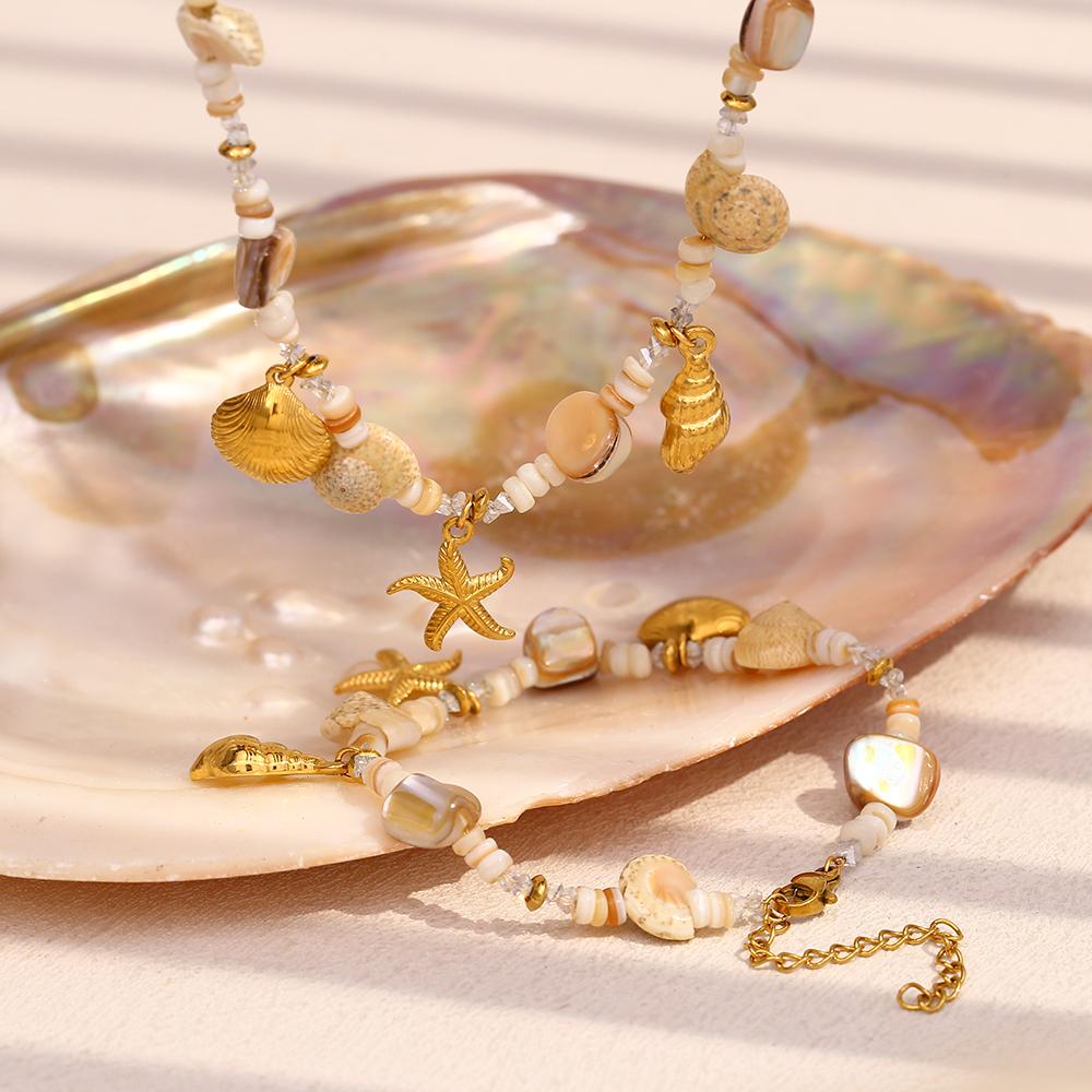 MamacitaSlay New Design 18K Gold-plated Stainless Steel Natural Stone Starfish Shell Bracelet Necklace Waterproof Jewelry Set