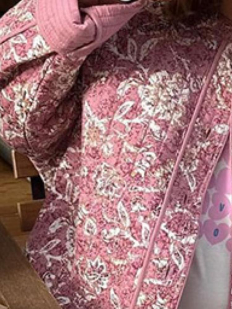Fall Winter Fashion Female Casual Outerwear Vintage Korean Long Sleeve Jacket Floral Print Thickened Cotton Coat Quilted Stand Collar Loose
