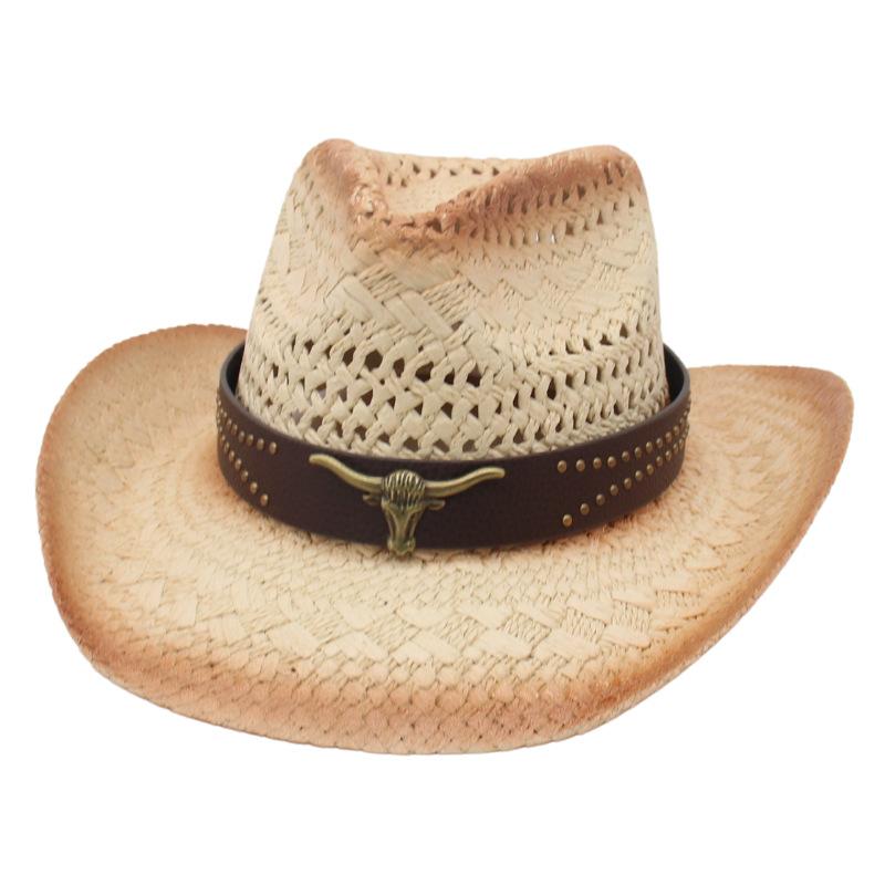 Cowboy Hat Panama Hollow Straw Hat Cowboy Straw Hat Women'S Belt Decorative Sunscreen Shade Seaside Beach Hat