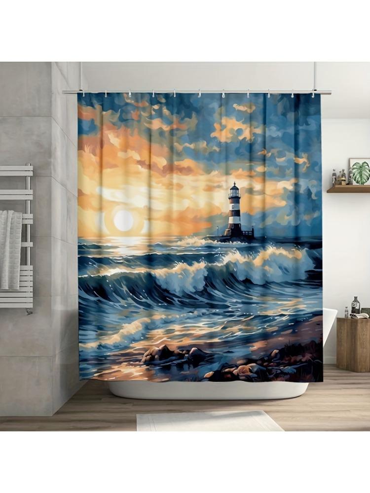 

1PC Paint by Numbers Lighthouse Shower Curtain, Durable Polyester Fiber, Easy Clean, for Bathroom, Bathtub, Window Decor W90xH180cm