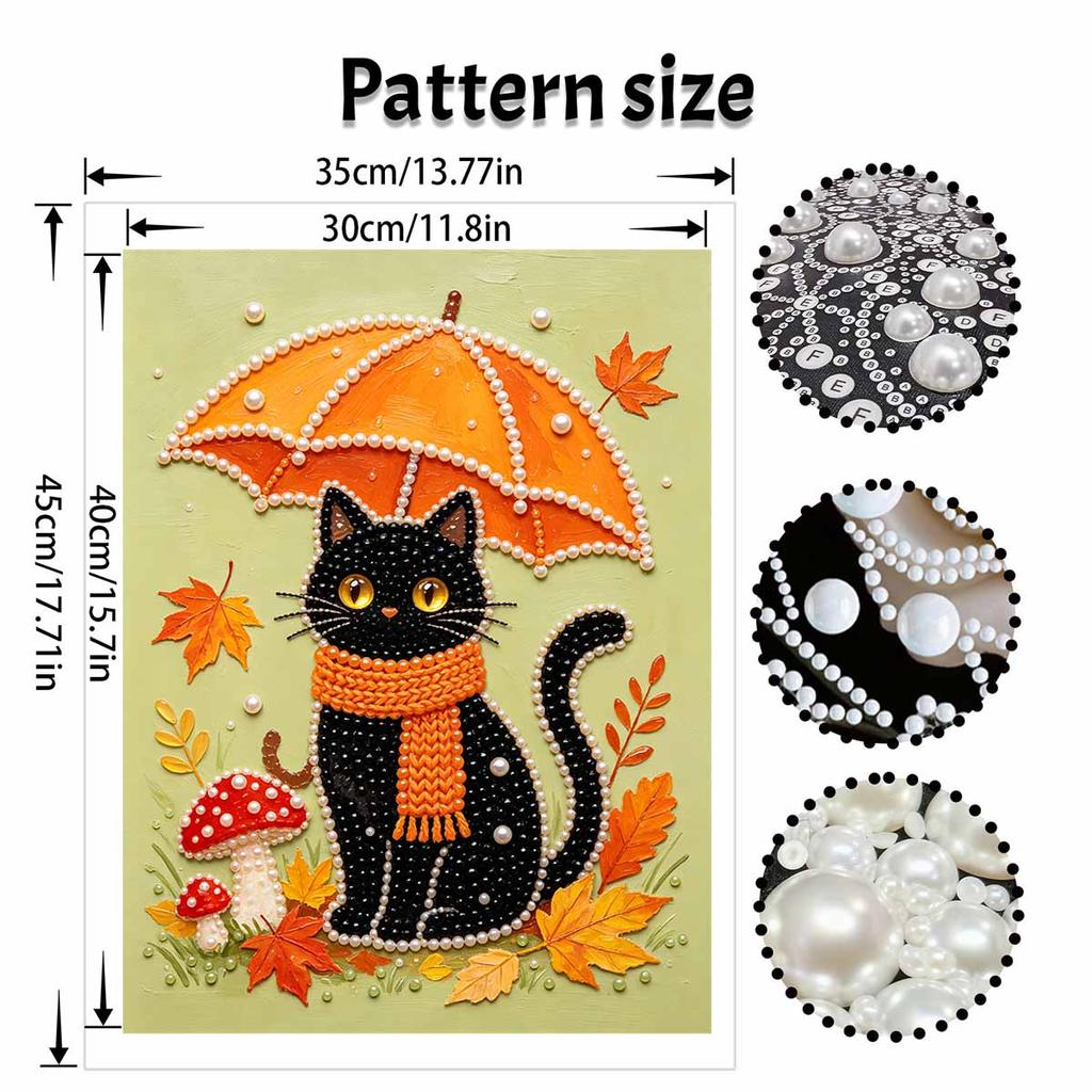 DIY Frameless Pearl Painting Kit Black Cat Autumn Umbrella Mushroom Leaves Pattern 3D Shiny Bead Art Canvas Relaxing Creative Craft Gift