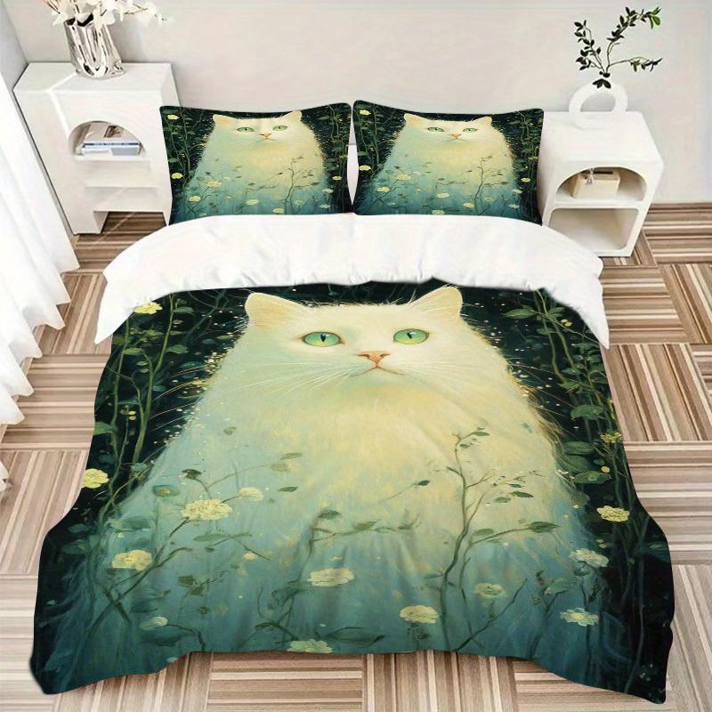 

3pcs Cat Flowers Bedding Set Down Comforter Cover and Pillowcases, Suitable for Guest Room Home Decoration All Seasons(No Insert) S0819044 135x200cm