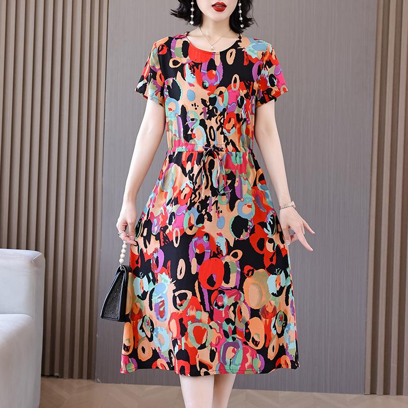 Summer Woman Elegant Dress  New Casual Short Sleeve Korean Style Clothes Women Vintage Print Long Dress