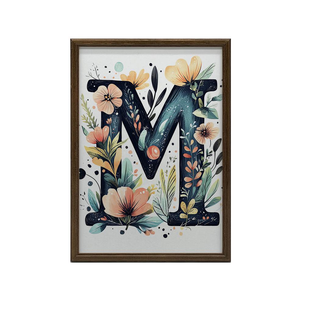 Plakat Z Literą M W Kwiaty I Liście Plakat Z Literą M W Kwiaty I Liście, 30X40 Cm, Bez Ramy, Płótno Premium Na Blejtramie