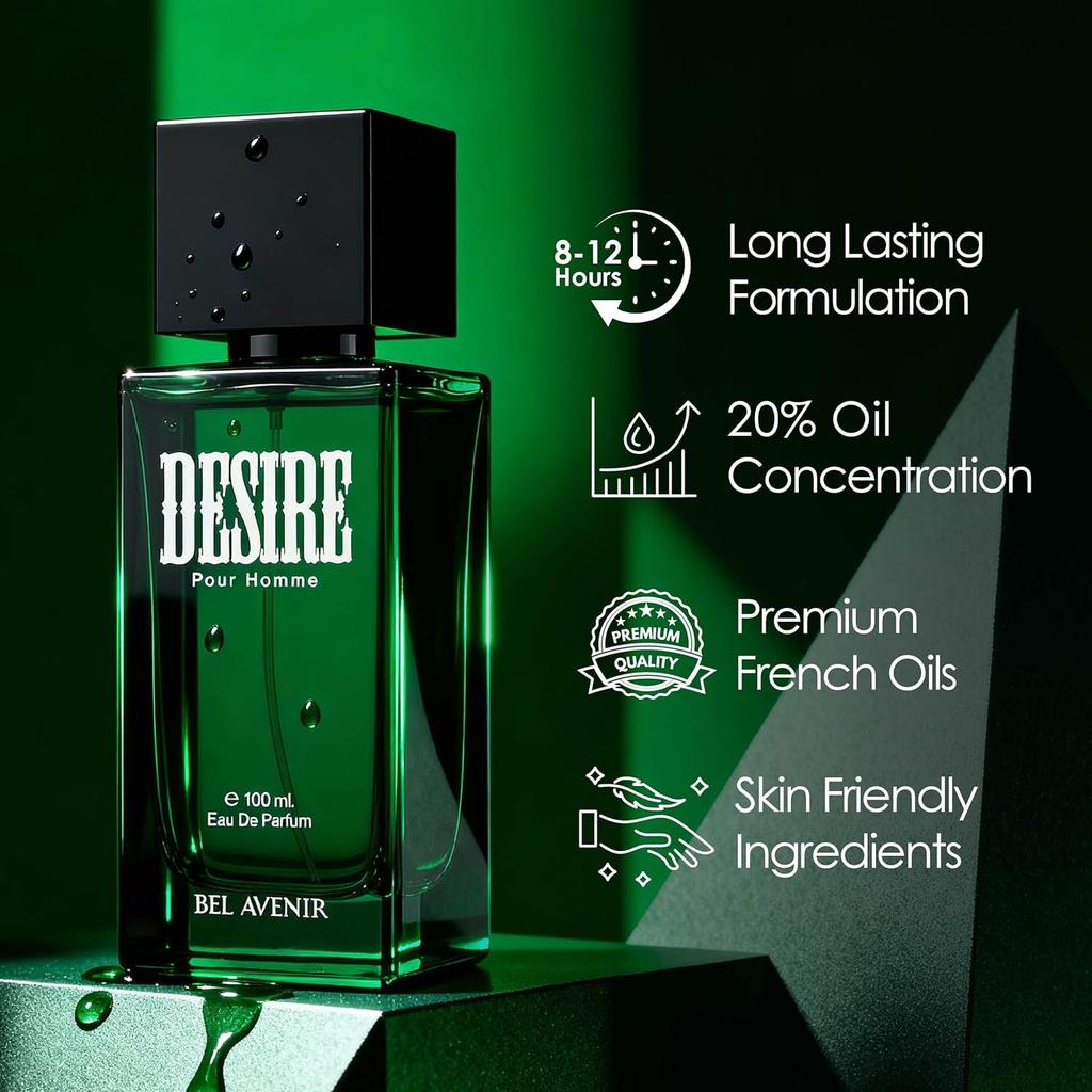 Bel Avenir Desire Perfume for Men | Long Lasting Perfume (8–10 Hours) | Fresh Aromatic Woody Fragrance for Everyday & Night Wear | EDP 100 ml