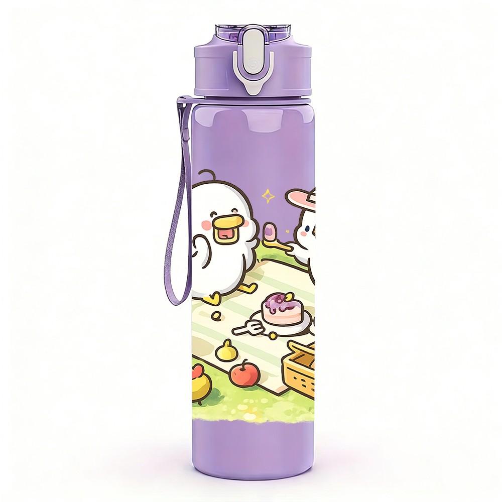 1PC Little Bear Picnic Cartoon Pattern 750ml Color Plastic Sports Water Bottle Leakproof Flip Straw Lid Suitable for Sports Office Home Use