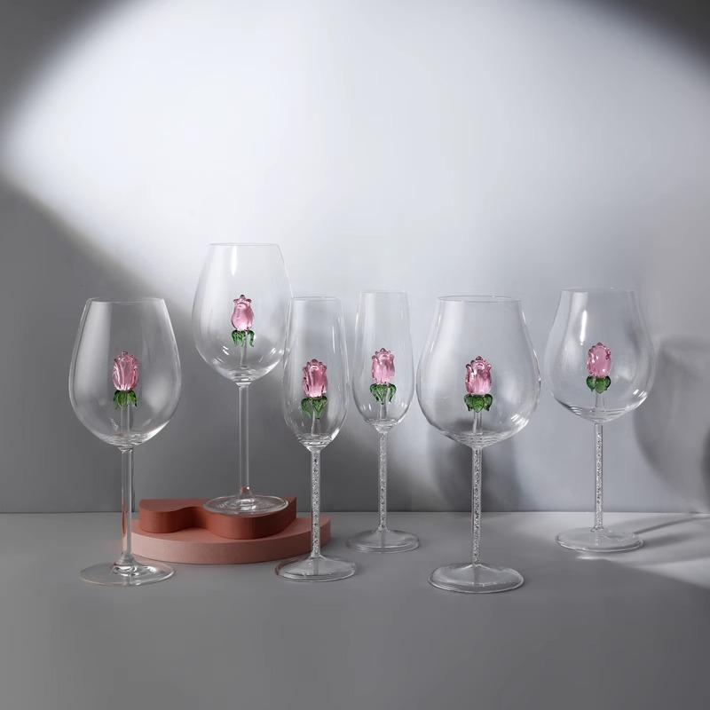 Cute 3D Rose Clear Wine Goblet Simple Drinkable Clear Glass For Living Room Home