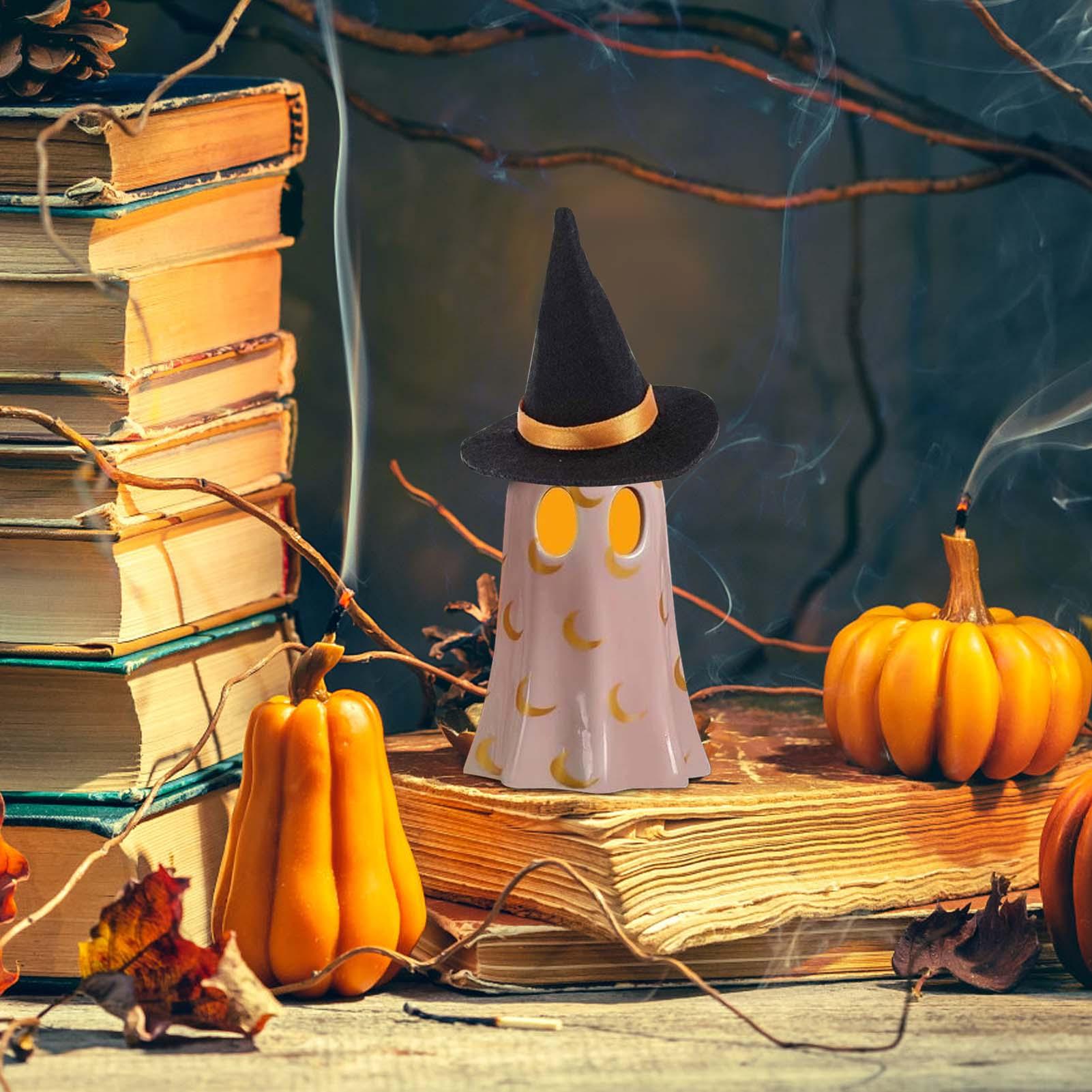 Halloween Ghost Figurine Desktop Halloween Statue Decorative Resin Light Up Ghost Wearing Witch Hat Sculpture For Nightstand China Mainland