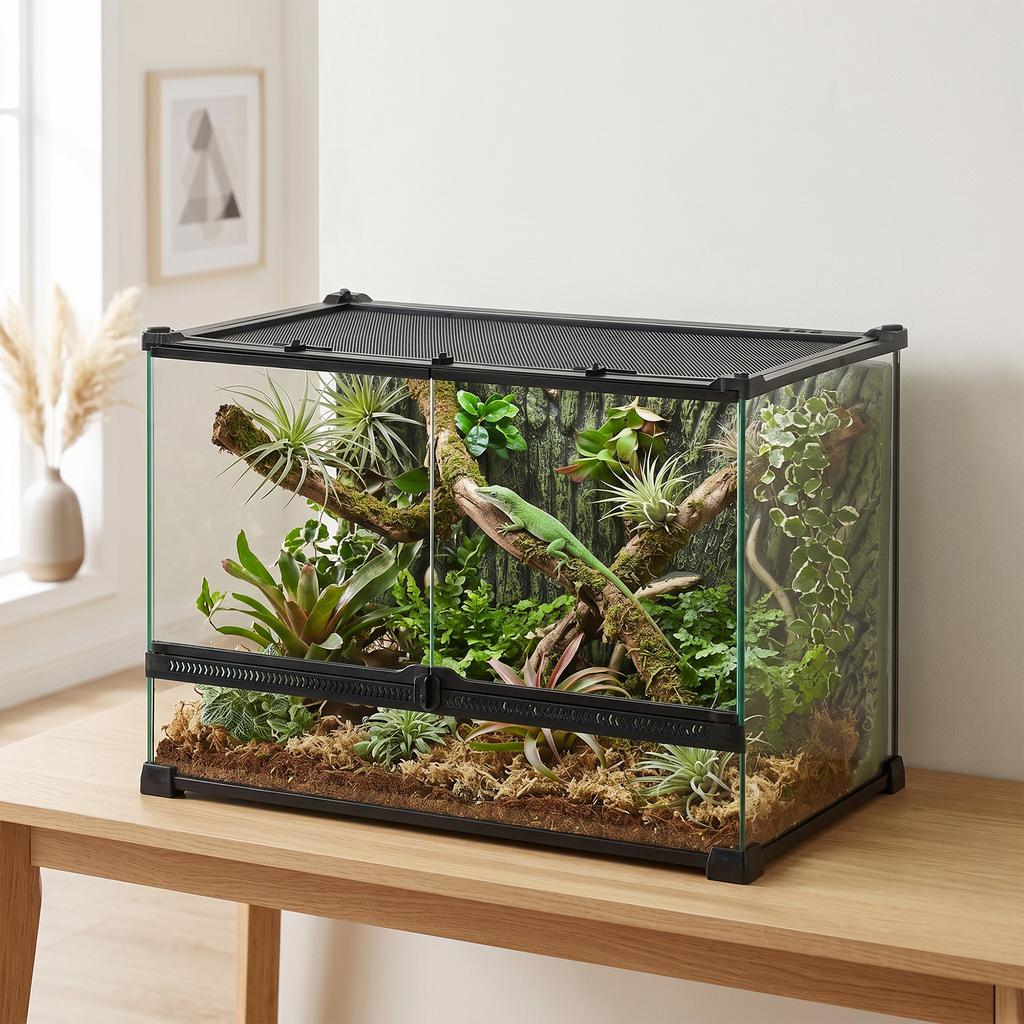 Reptile Glass Terrarium with Stone Background, Front Ventilation, Escape-Proof Knob Lock, 50 x 30 x 35 cm, Black