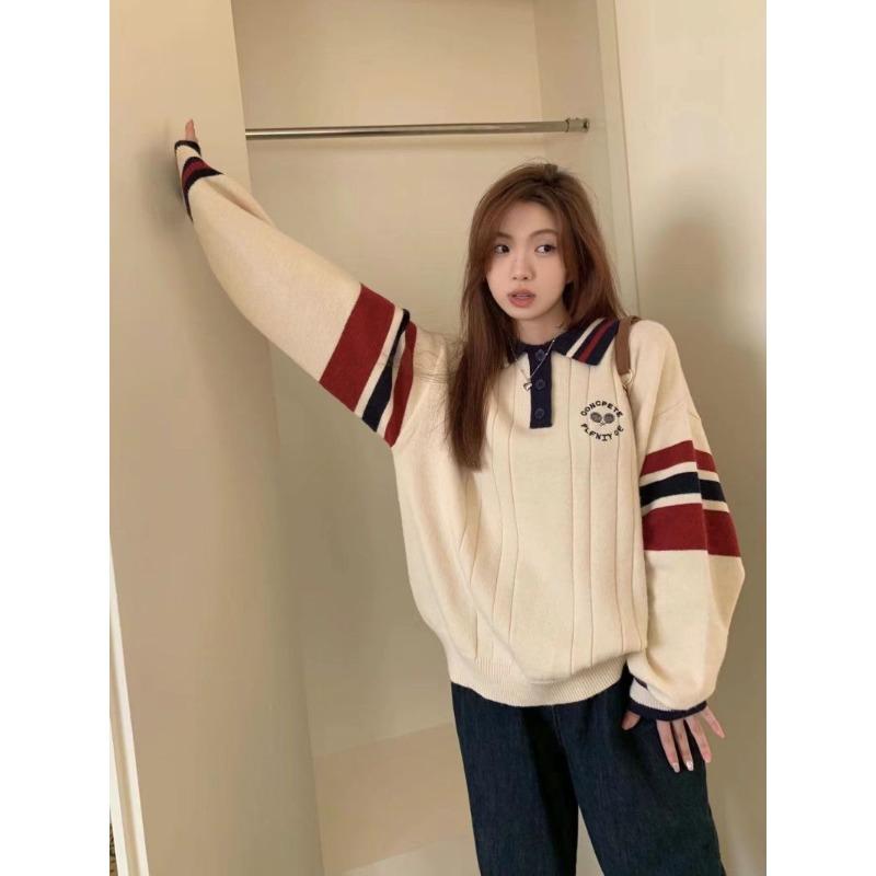 

Осень-зима Поло ворот вязаный свитер женский колледж стиль цветной сращивание мягкий свитер корейский модный пуловер абрикосовый топ One Size бежевый