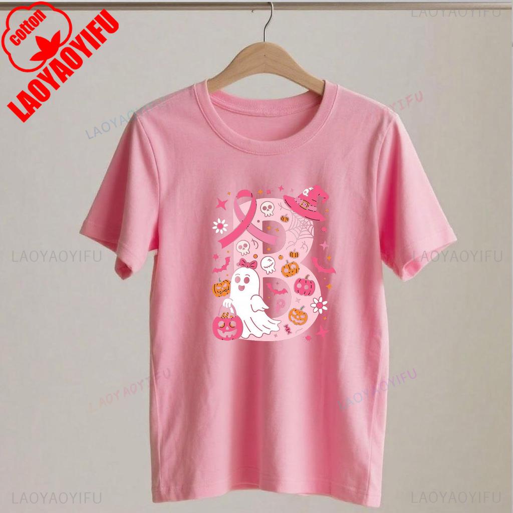 Breast Cancer Awareness Ghost Pink Ribbon Patchwork Halloween Hope Strength Faith Spooky Graphic T Shirts for WoUINISEX Harajuku