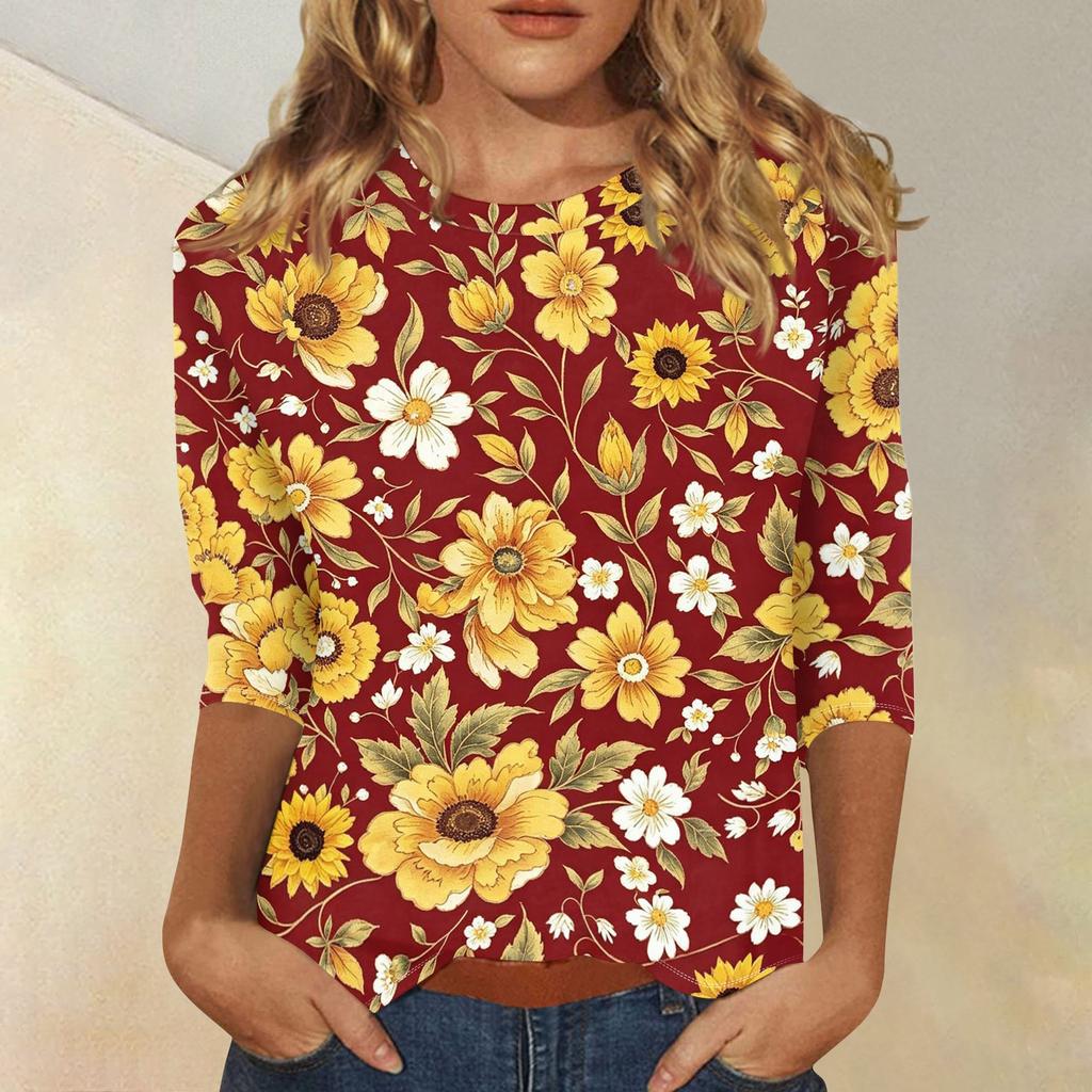 Women's Casual 3/4 Sleeve Floral Print Round Neck Top Lightweight Comfortable Fit Soft Fabric Blouse for Everyday Wear