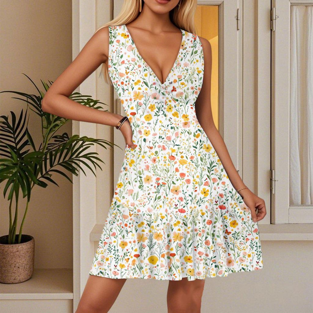 Women's Summer Dress V Neck Sleeveless Casual Floral Print Hem Pleated Dress