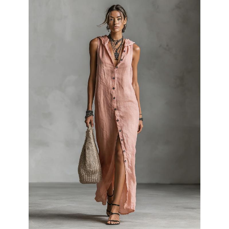 2026 New Women's Casual Loose Sleeveless Long Dress with Single-Breasted Buttons and Fashionable Hood