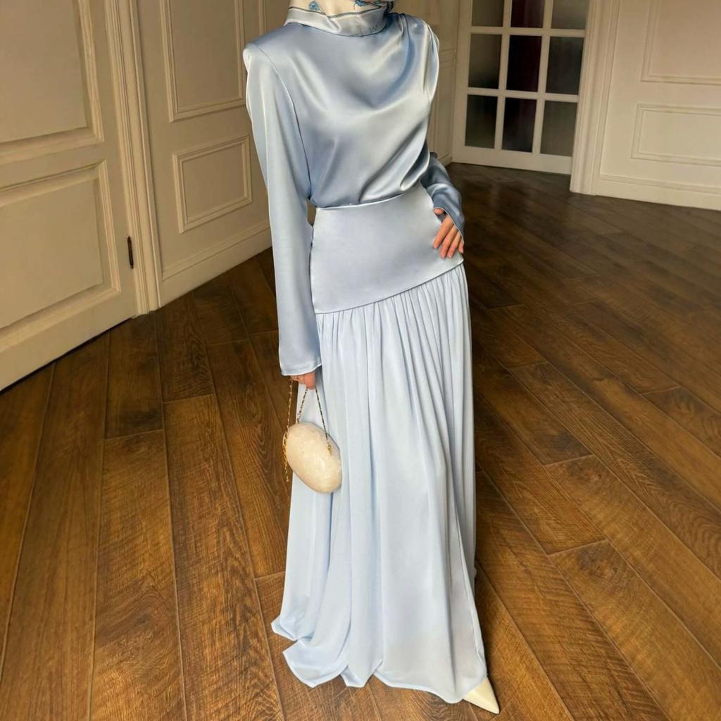Cross-border European and American Women's Clothing Light Blue Solid Color Boat Collar Long-sleeved Waist Top Casual Pleated Skirt Set