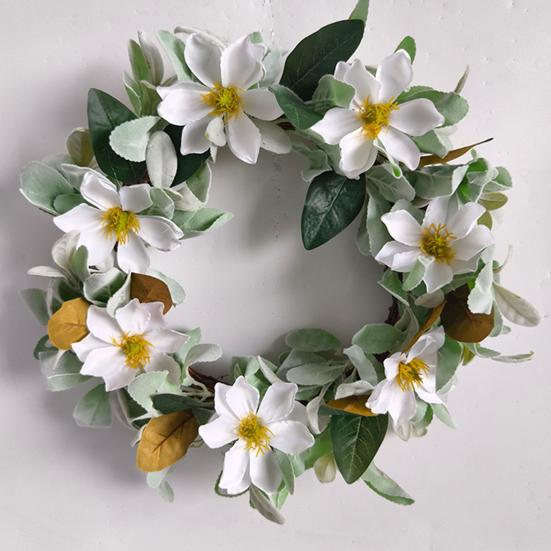 Guirlanda Artificial de Magnólia de 15 Polegadas para Porta da Frente Primavera Verão Guirlanda Floral Falsa com Folhagem para Varanda Entrada Sala de Estar Decoração de Parede
